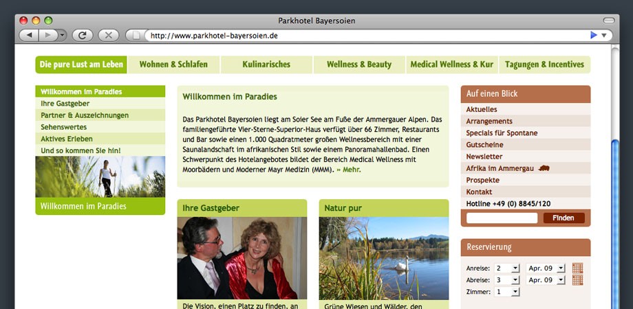 Website Parkhotel Bayersoien – Inhaltsseite
